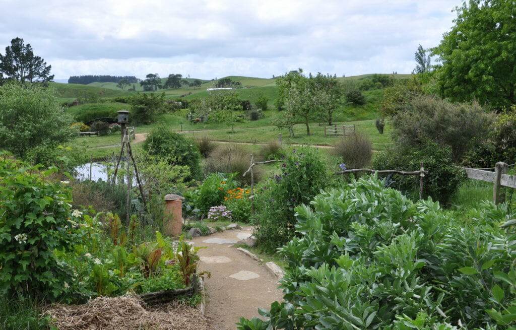 An image of the view of the frog pond as seen from Sackville Baggins gardens at Hobbiton in New Zealand. Photography by Frame To Frame - Bob and Jean.