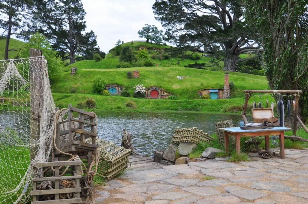 An image of the fishing nets and fishing wharf on the pond at Hobbiton in New Zealand. 