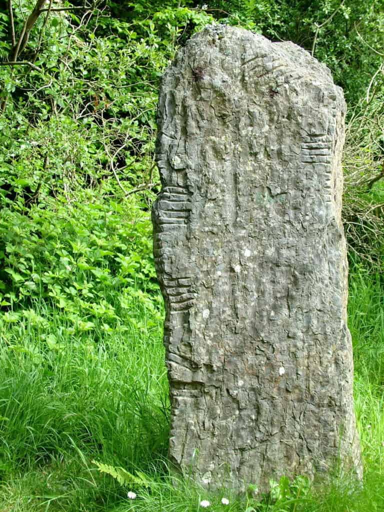 the Ogham Stone at Irish National Heritage Park in Ireland