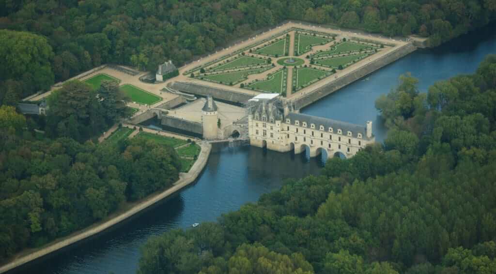 An aerial view of Chateau de Chenonceau in Centre Val de Loire in France.