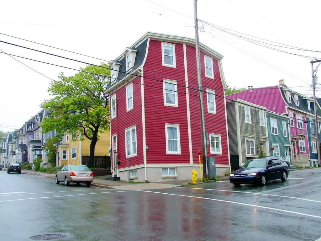 an image of colourful homes at a corner in St. John's, Newfoundland, Canada