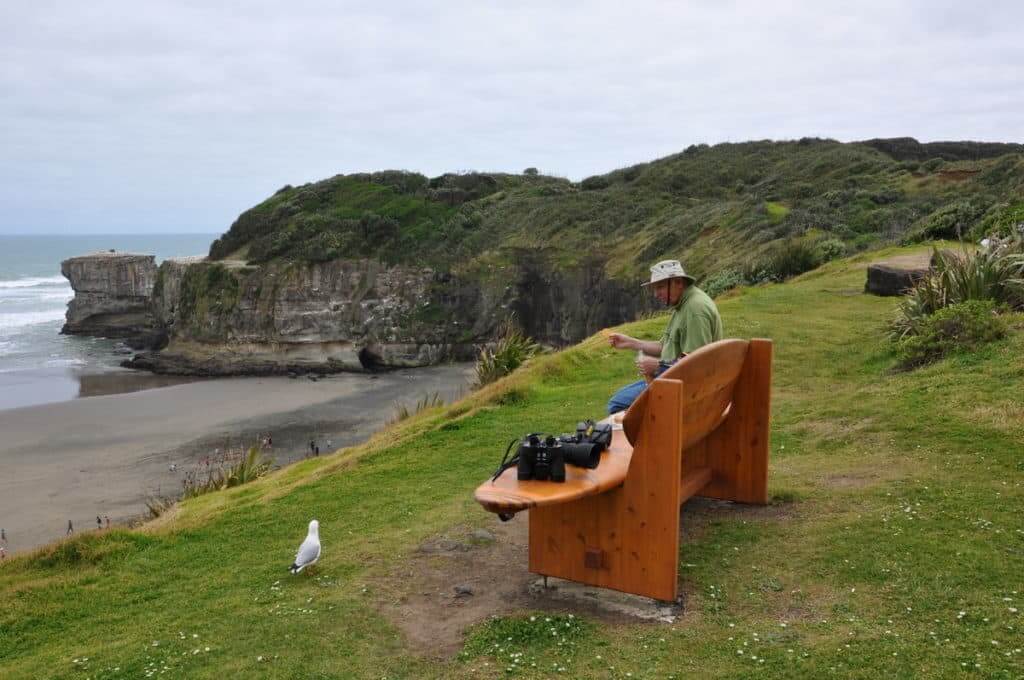 An image of Bob sitting on a park bench at Muriwai Regional Park in New Zealand.