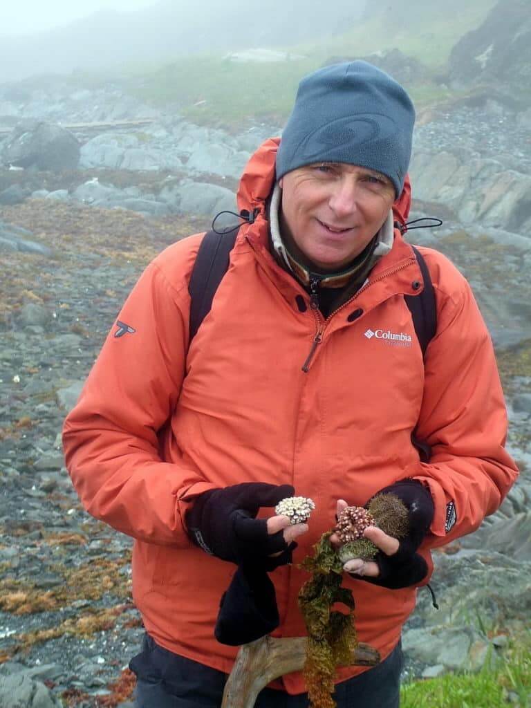 Bob holding sea urchins on quirpon island, newfoundland, canada
