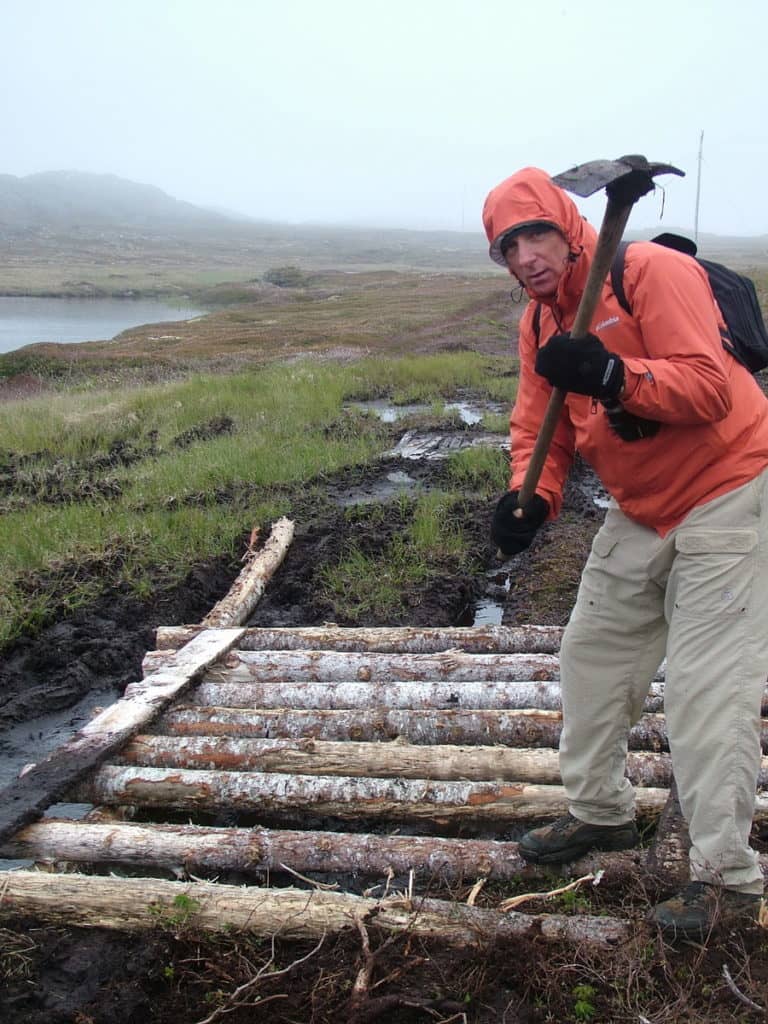 trail repairs on quirpon island, newfoundland, canada