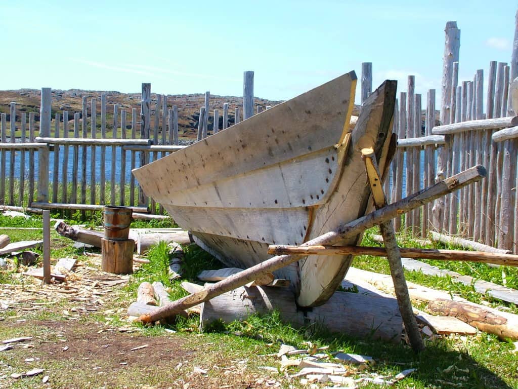 a viking-style boat under construction at l'anse aux meadows, newfoundland, canada