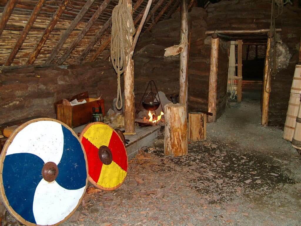 interior of a re-created Viking longhouse at l'anse aux meadows, newfoundland, canada