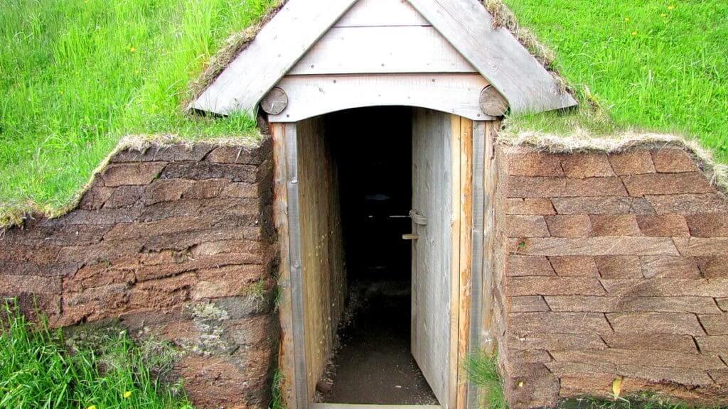 gabled entrance door at l'anse aux meadows, newfoundland, canada