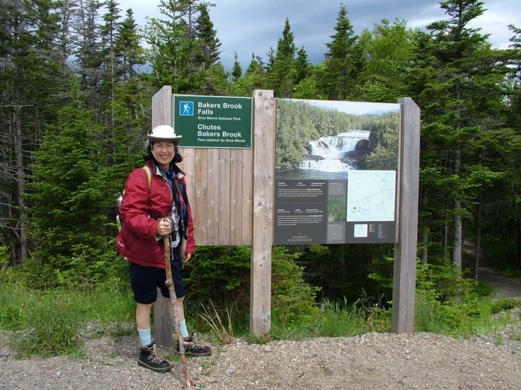 Jean at Baker's Brook Falls sign in Gros Morne National Park, Newfoundland