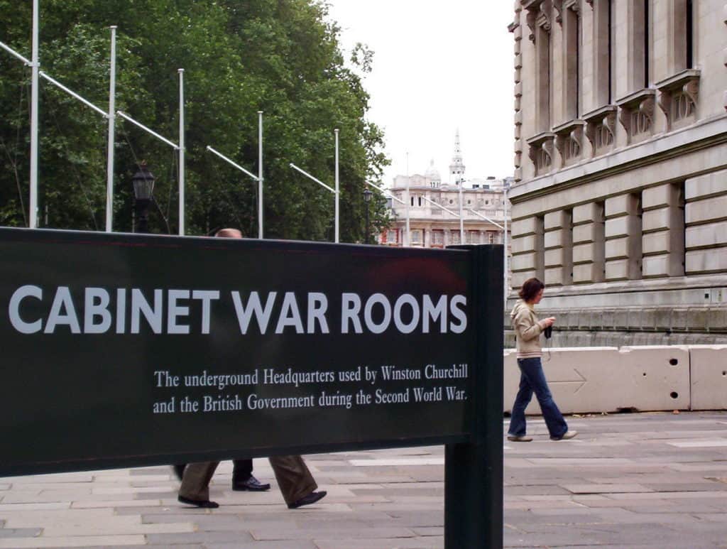 An image of the Cabinet War Rooms entrance sign in London, England.
