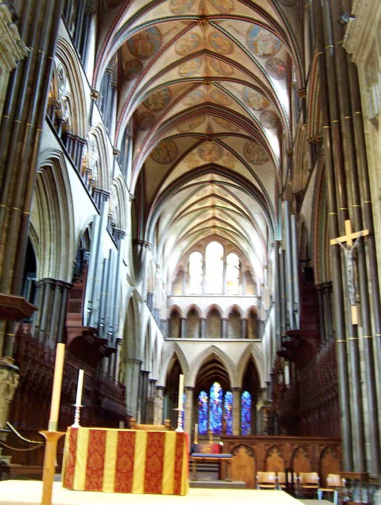 An image of the nave at Salisbury Cathedral in England.