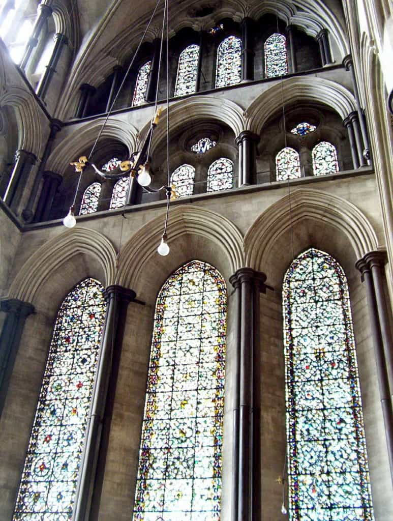Image of the north transept windows in Salisbury Cathedral in England.