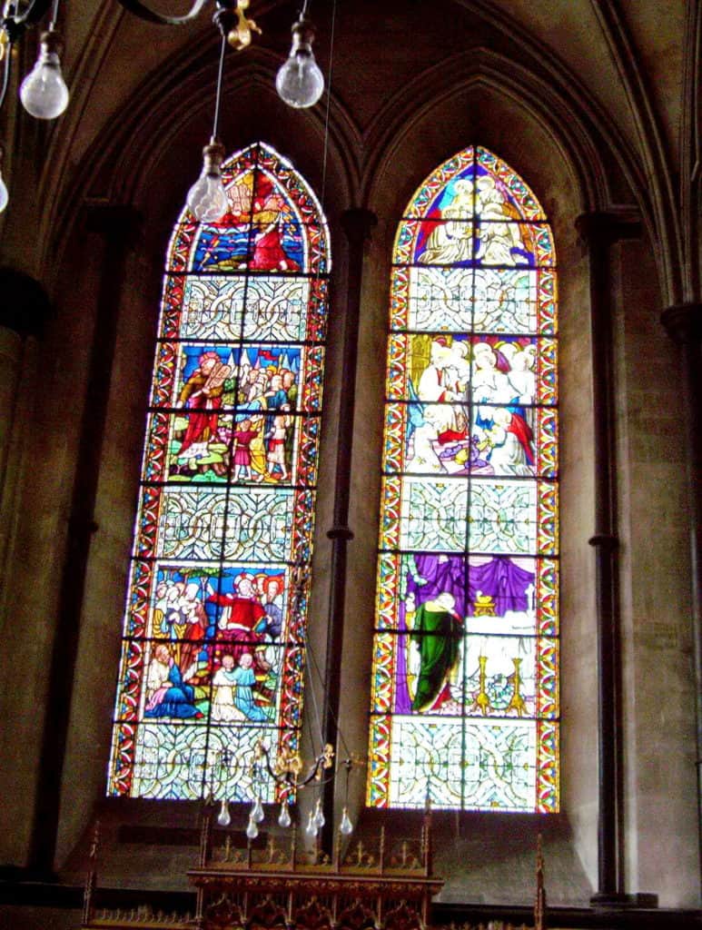 lancet windows in Salisbury Cathedral in England.