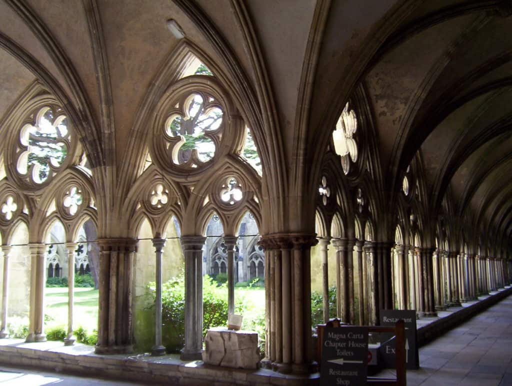Image of the inside of the cloister of salisbury cathedral in salisbury, england