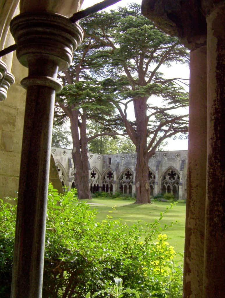 Image of the quadrangle through the cloisters at Salisbury Cathedral in England.