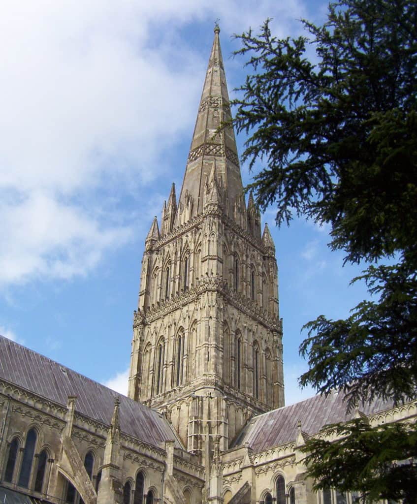 Image of the tower and spire of Salisbury Cathedral in England.