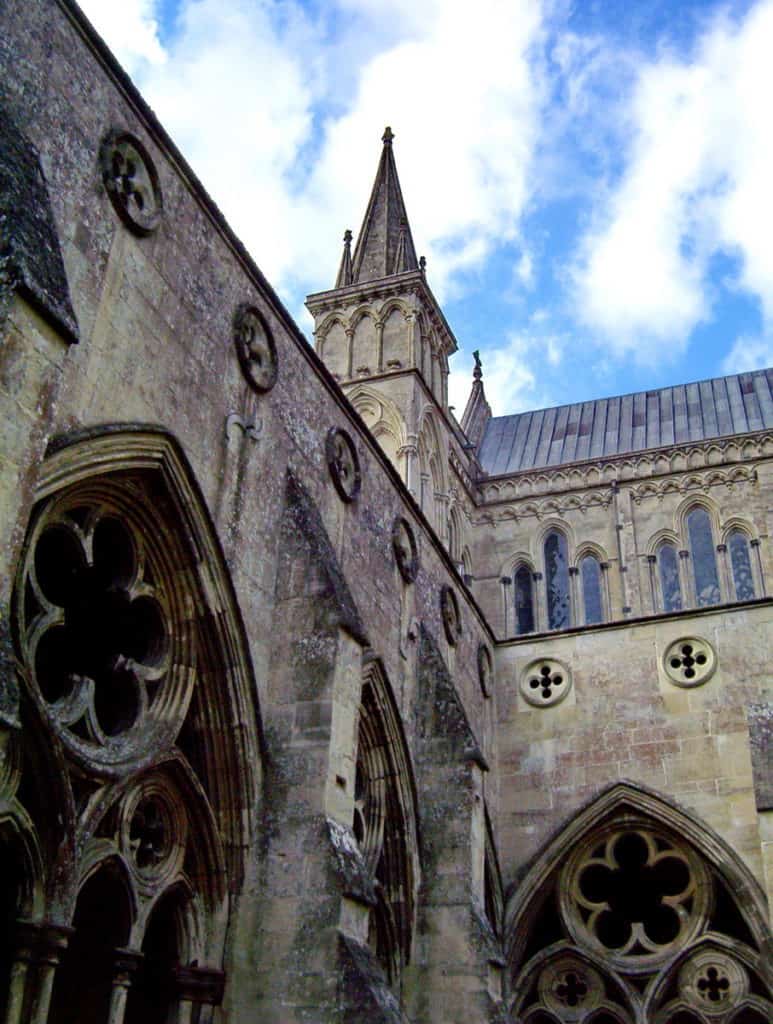  Image of the cloisters of Salisbury Cathedral in England.