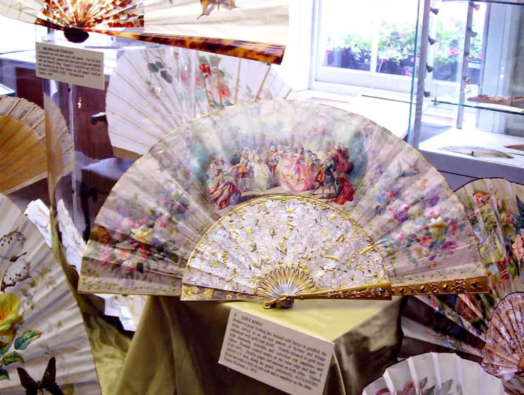 An image of fans on display at the Fan Museum at the Greenwich Village World Heritage Site, in England.