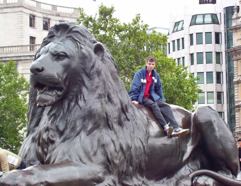 An image of one of the Barbary Lions at the base of Nelson's Column in London, England. 