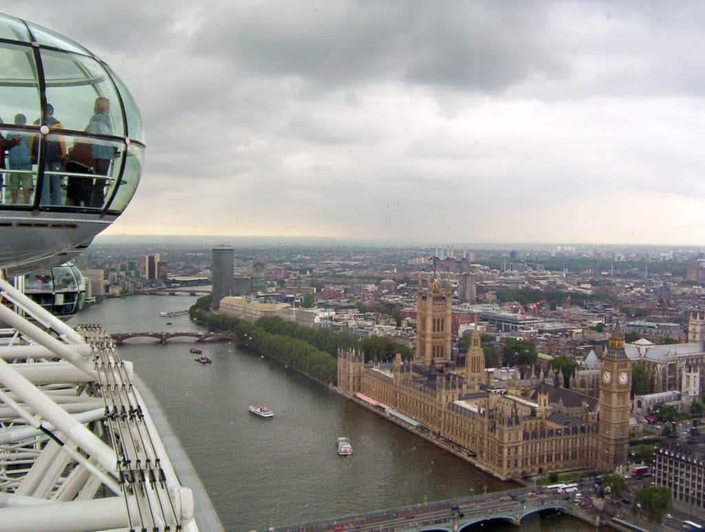 An image of the view of London, England from the Millennium Wheel or the London Eye.