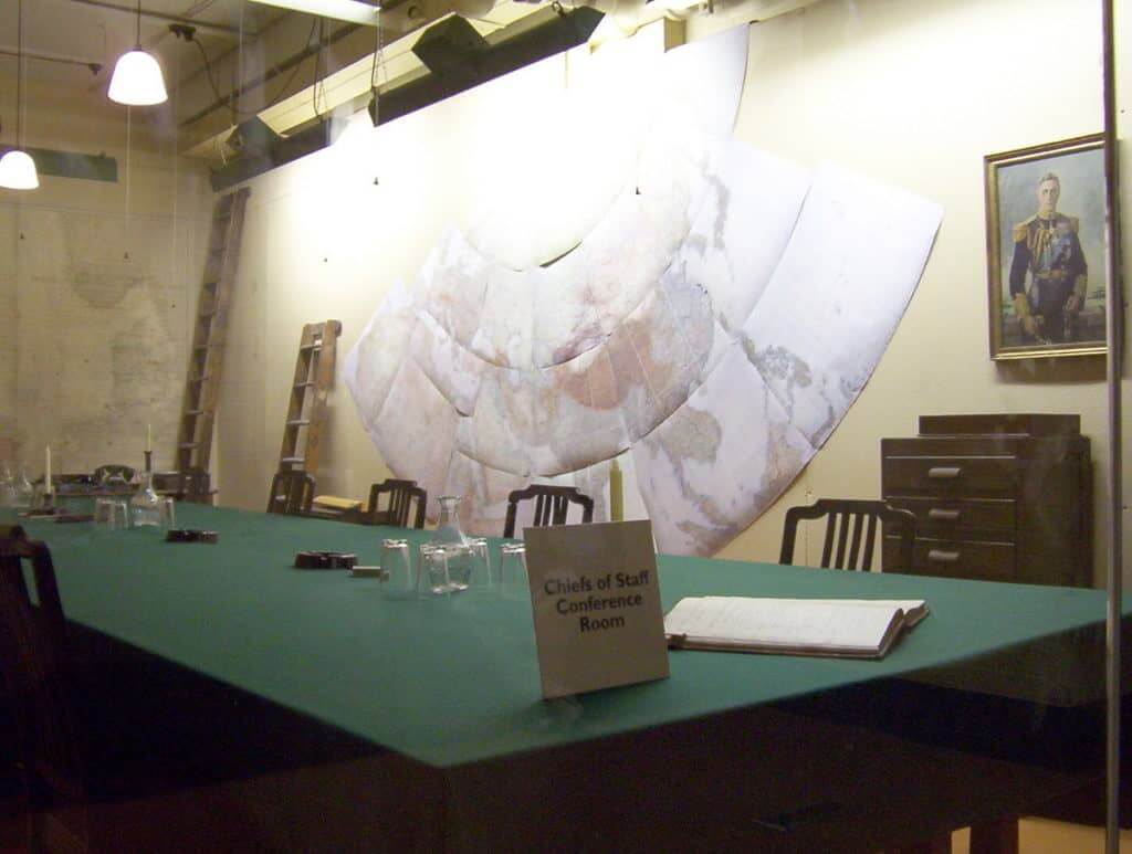 An image of the Chiefs of Staff Conference Room in the Cabinet War Rooms in London, England.