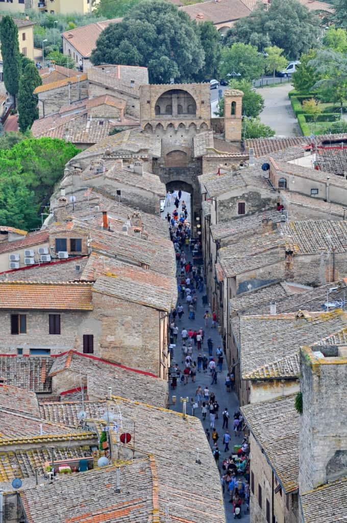 Image of the streets of San Gimignano from a top Torre Grossa in Italy.