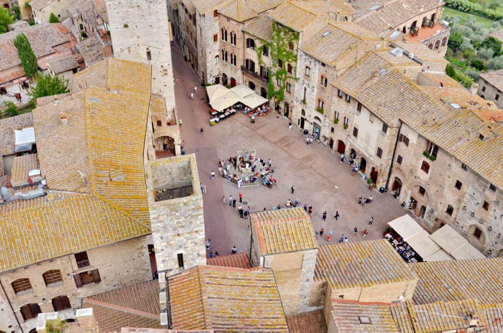 Image of Piazza della Cisterna which is San Gimignano's main town square, Italy