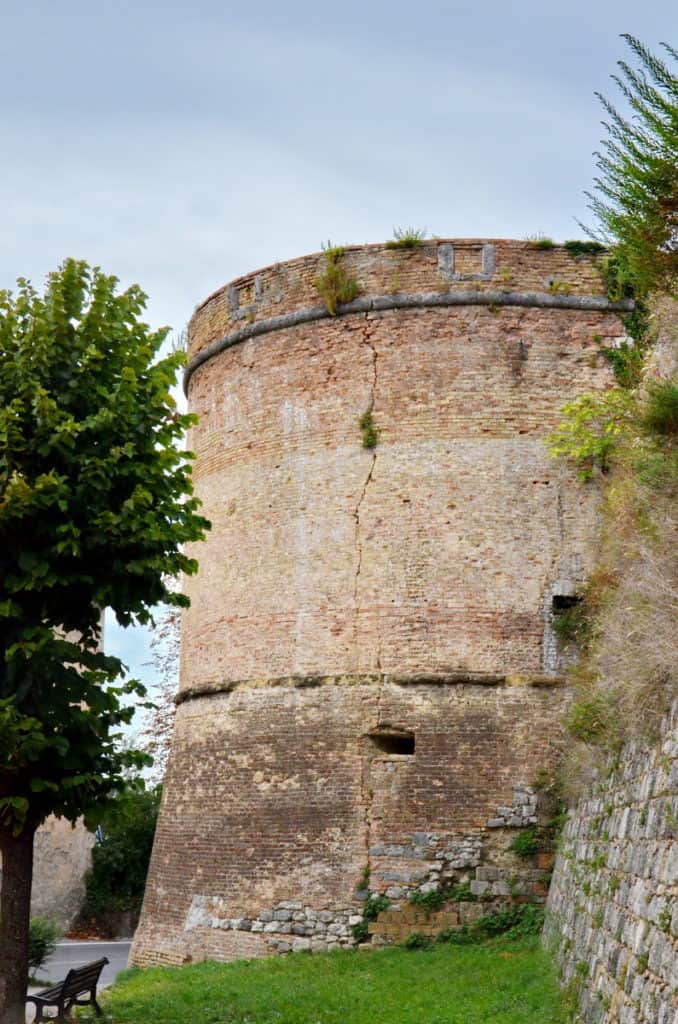 Image of a corner tower along one of the defensive walls of San Gimignano, Italy.