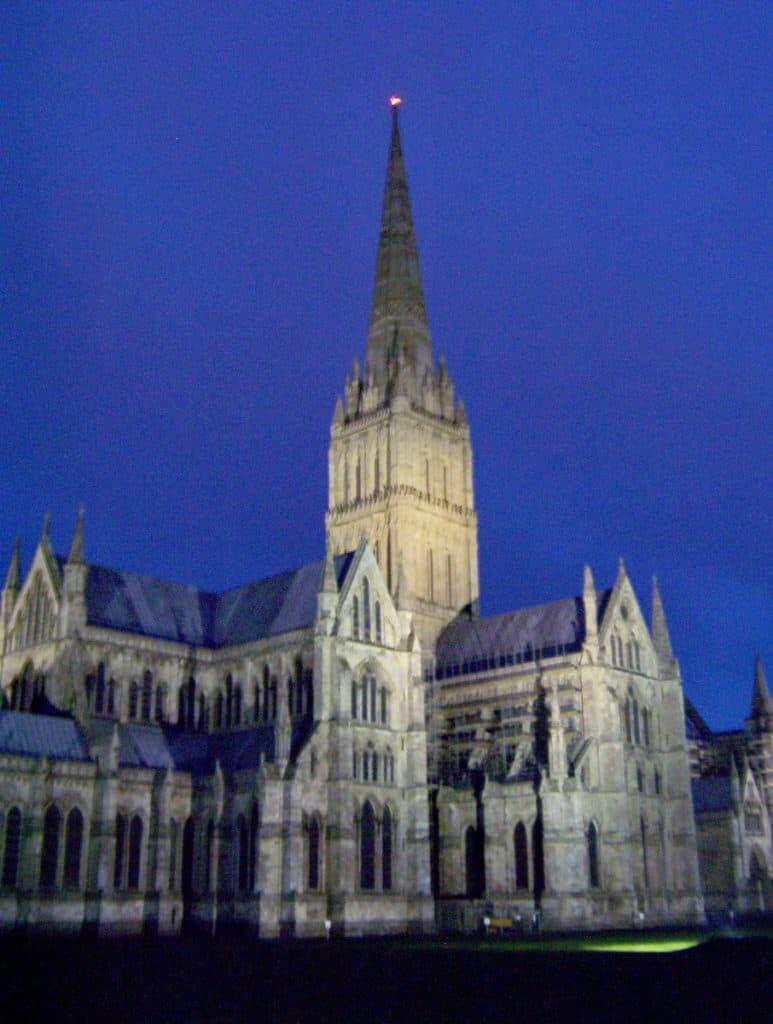  Image of Salisbury Cathedral at night in England.