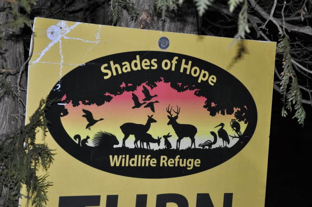 a Shades of Hope Wildlife Refuge sign in Pefferlaw, Ontario