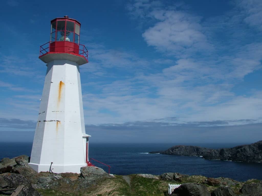 the lighthouse on quirpon island, newfoundland, canada