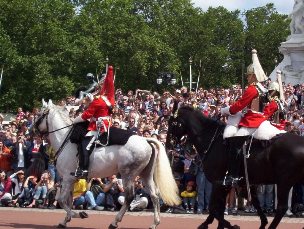 queen's life guards on parade, buckingham palace, london, england