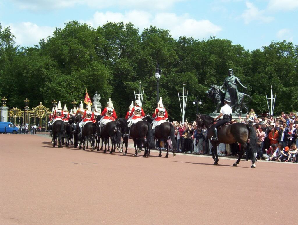 queen's life guards on parade, buckingham palace, london, england