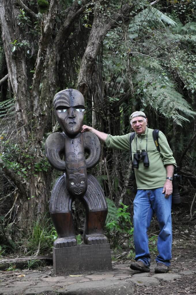 bob with sculpture, ark in the park, waitakere ranges regional park, north island, new zealand