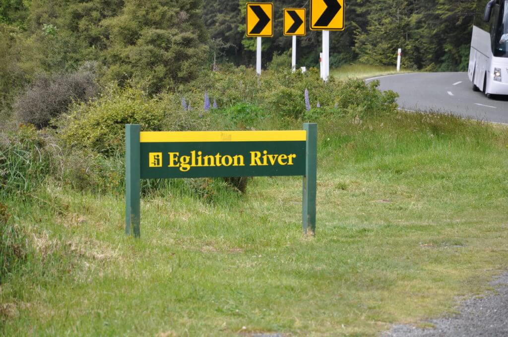 sign for eglinton river, fiordland national park, new zealand