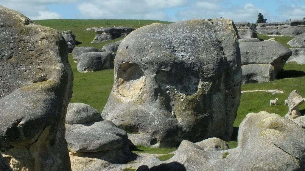 an elephant rock that resembles a skull, duntroon, new zealand