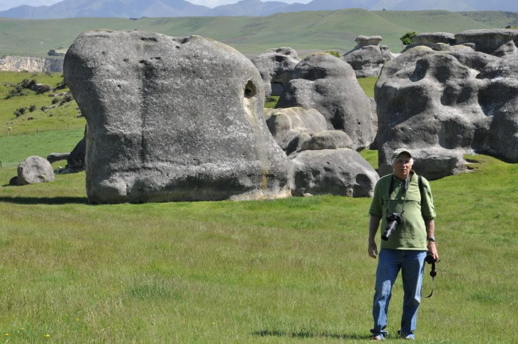 bob in the pasture with elephant rocks, duntroon, new zealand