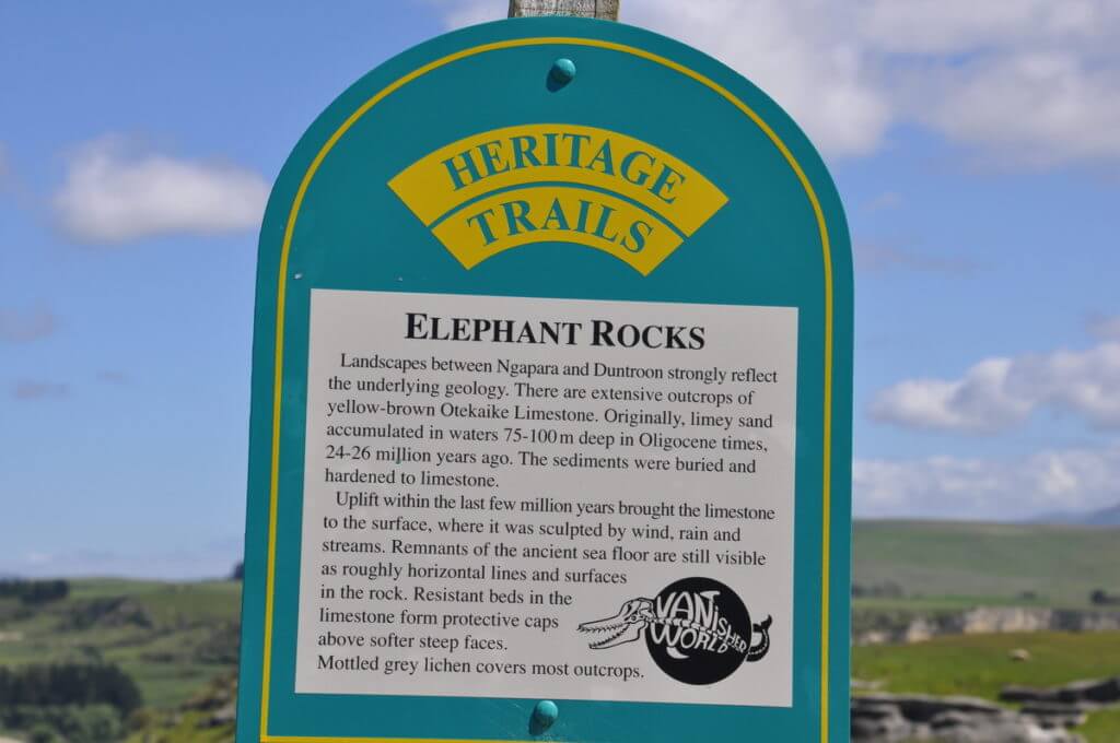 the sign at elephant rocks, duntroon, new zealand