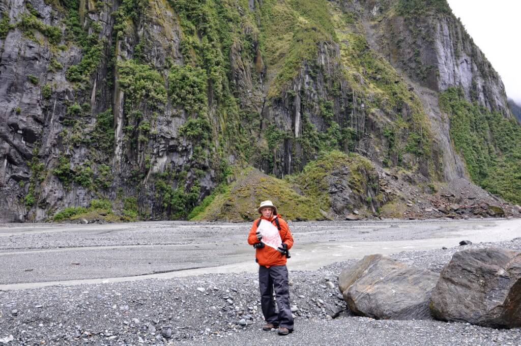bob beside fox river, fox glacier valley, south island, new zealand