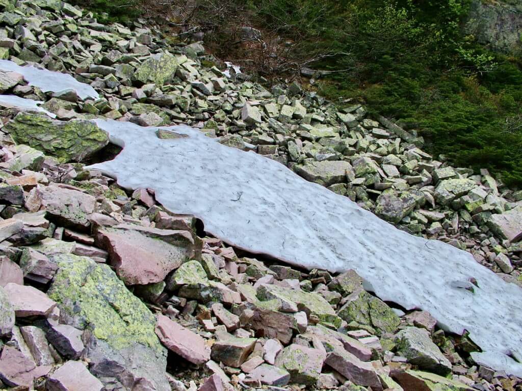 snow in the gully, gros morne mountain trail, newfoundland, canada