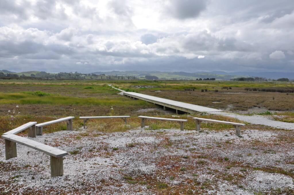a boardwalk across the chenier plain, Pukorokoro Miranda Shorebird Centre, north island, new zealand