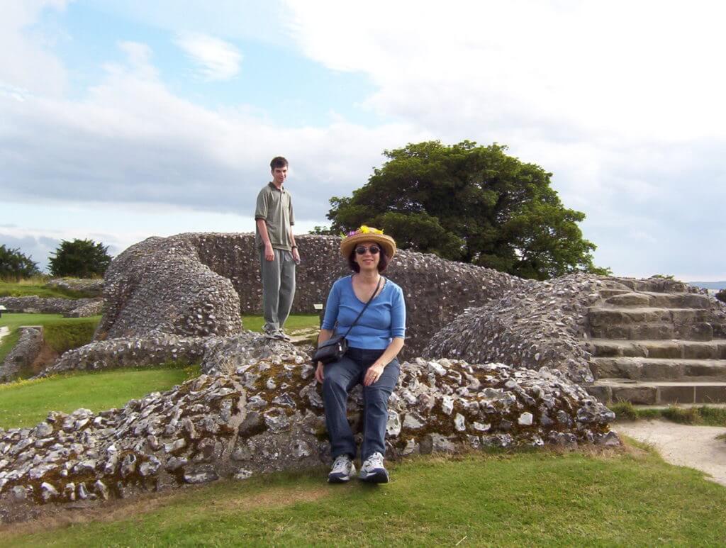 jean and son at iron age hill fort ruins, Old Sarum, Wiltshire Plains, England