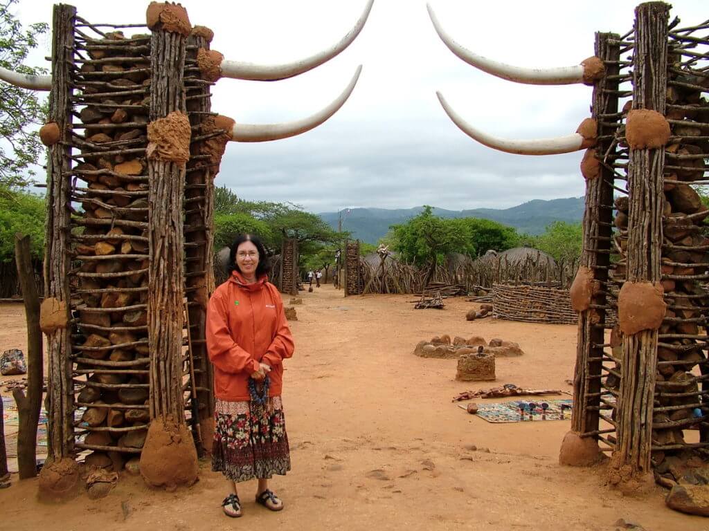 jean at the entrance of shakaland, kwazulu-natal, south africa
