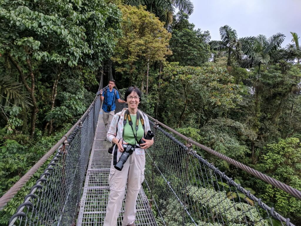 jean and our guide on a hanging bridge, mistico arenal hanging bridges park, la fortuna, costa rica