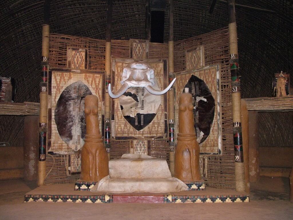the king's throne inside the assembly hall, shakaland, kwazulu-natal, south africa