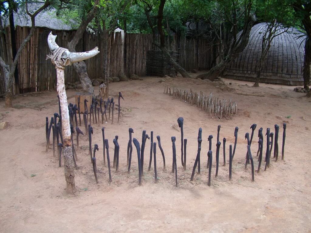 wooden clubs illustrating battle formation, shakaland, kwazulu-natal, south africa