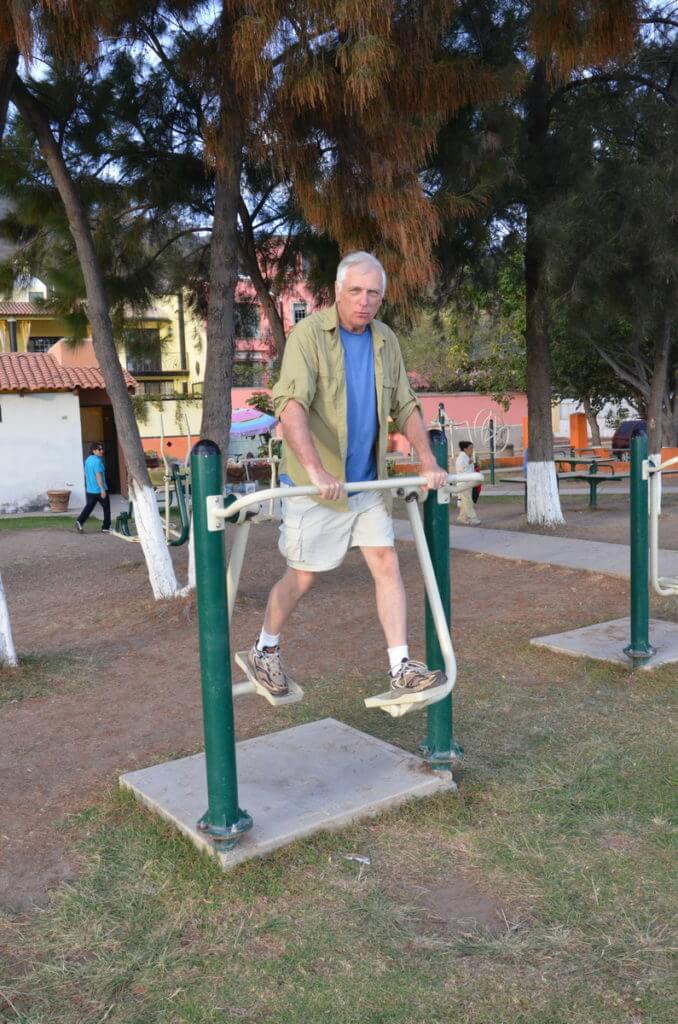 bob on exercise equipment, ajijic, lake chapala, mexico