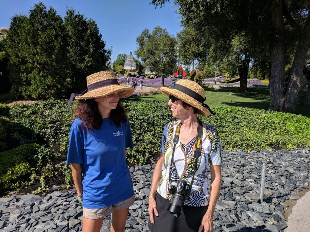 jean chatting with a horticulturist, mosaiculture 2018, gatineau, quebec, canada