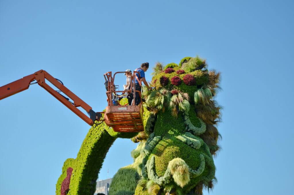 gardeners pruning a sculpture, mosaiculture 2018, gatineau, quebec, canada