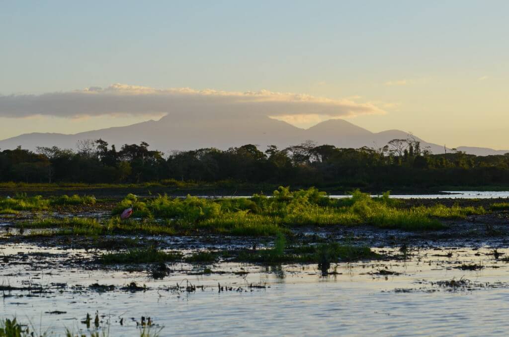 mudflats and mountains, cano negro lake, cano negro wildlife refuge, costa rica