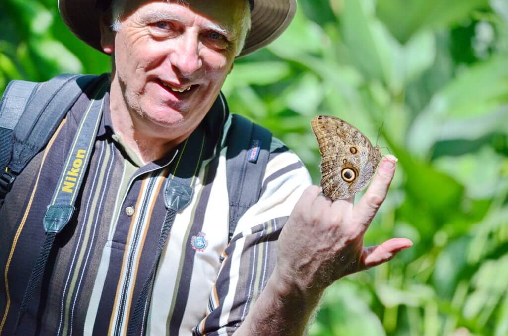 bob with an owl butterfly, ecocentro danaus, la fortuna, costa rica